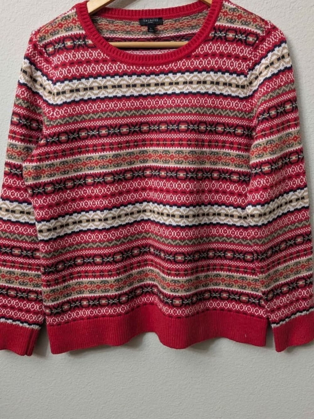 Talbots Red Multicolor Fair Isle Crewneck Sweater